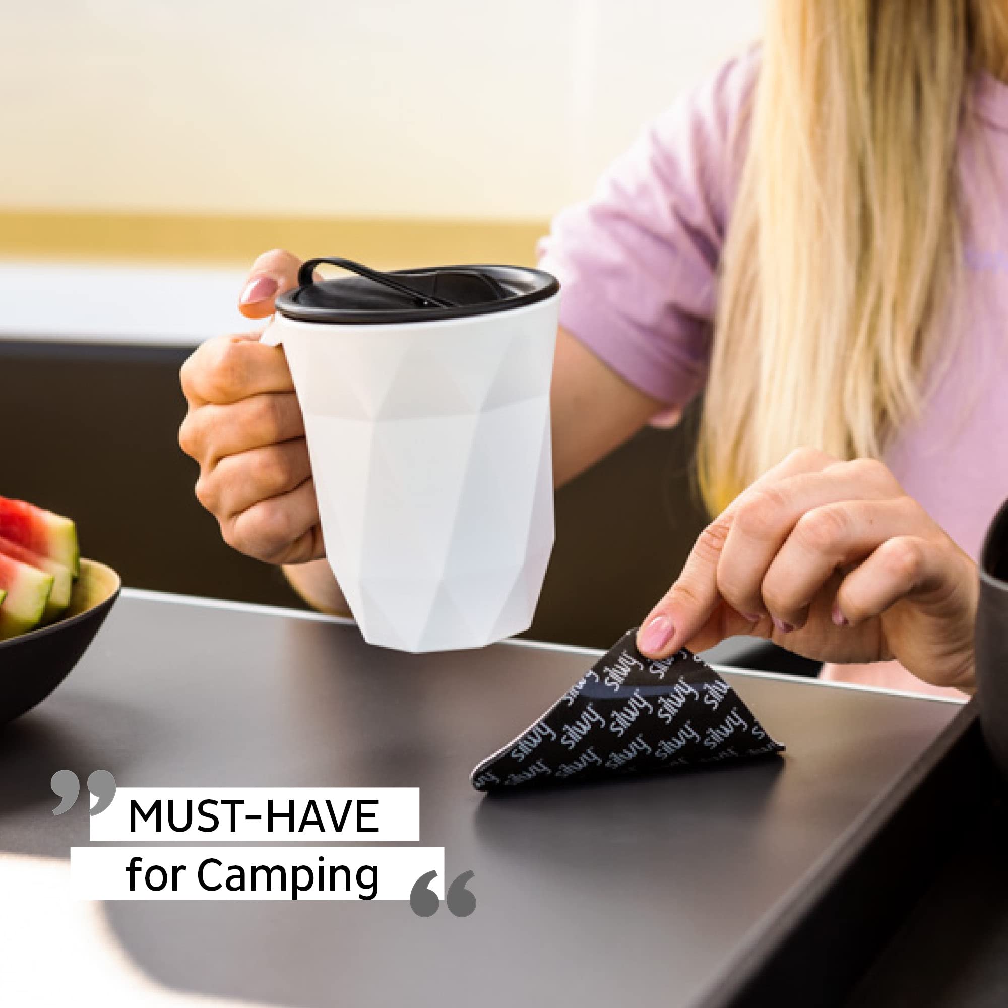 Silwy® Plastic Handle Cup to-GO with Washable, Reusable Metal Nano Gel Pad White - Non-Slip Caravanning and Camping Cups, Boat and Yacht Accessories
