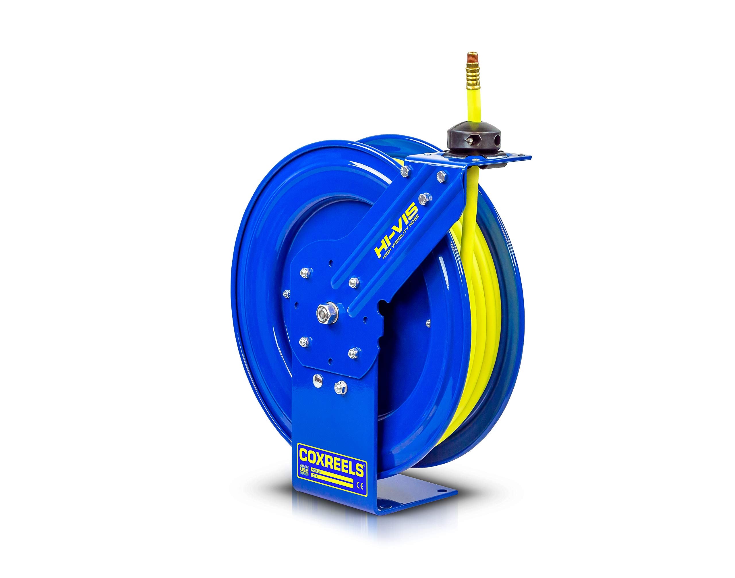 Coxreels Retractable Low Pressure Spring Rewind Hose Reel P-LP-450-HV: 1/2" I.D, 50' Hose Capacity, with high Visibility Safety Hose, 300 PSI, Made in USA