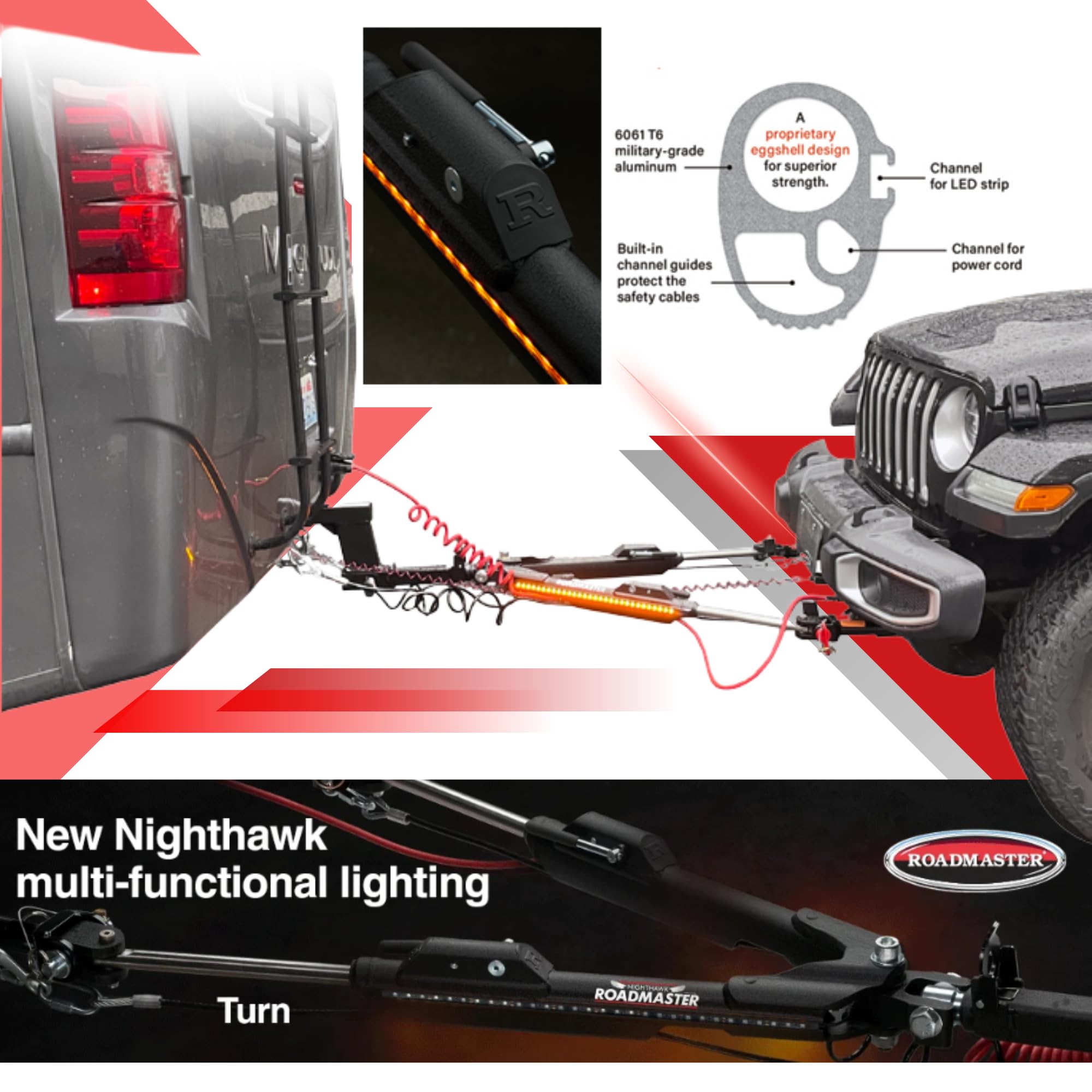 Roadmaster Nighthawk 676 Tow Bar fits Roadmaster Baseplates | Hauls Up to 8,000 lbs | Non-Binding Design | Multi-Functional LEDs | Proudly Made in The USA