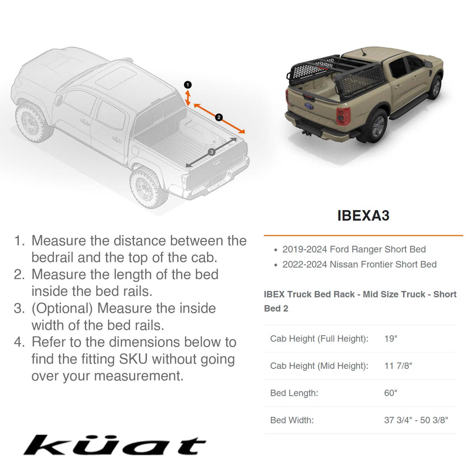 Kuat Ibex Adjustable Durable Lightweight Aluminum Truck Bed Rack - Stainless Steel Hardware Included | 1,200 LBS Static & 300 LBS Dynamic Weight Capacity, IBEXA3 - Mid Size - Short Bed 2