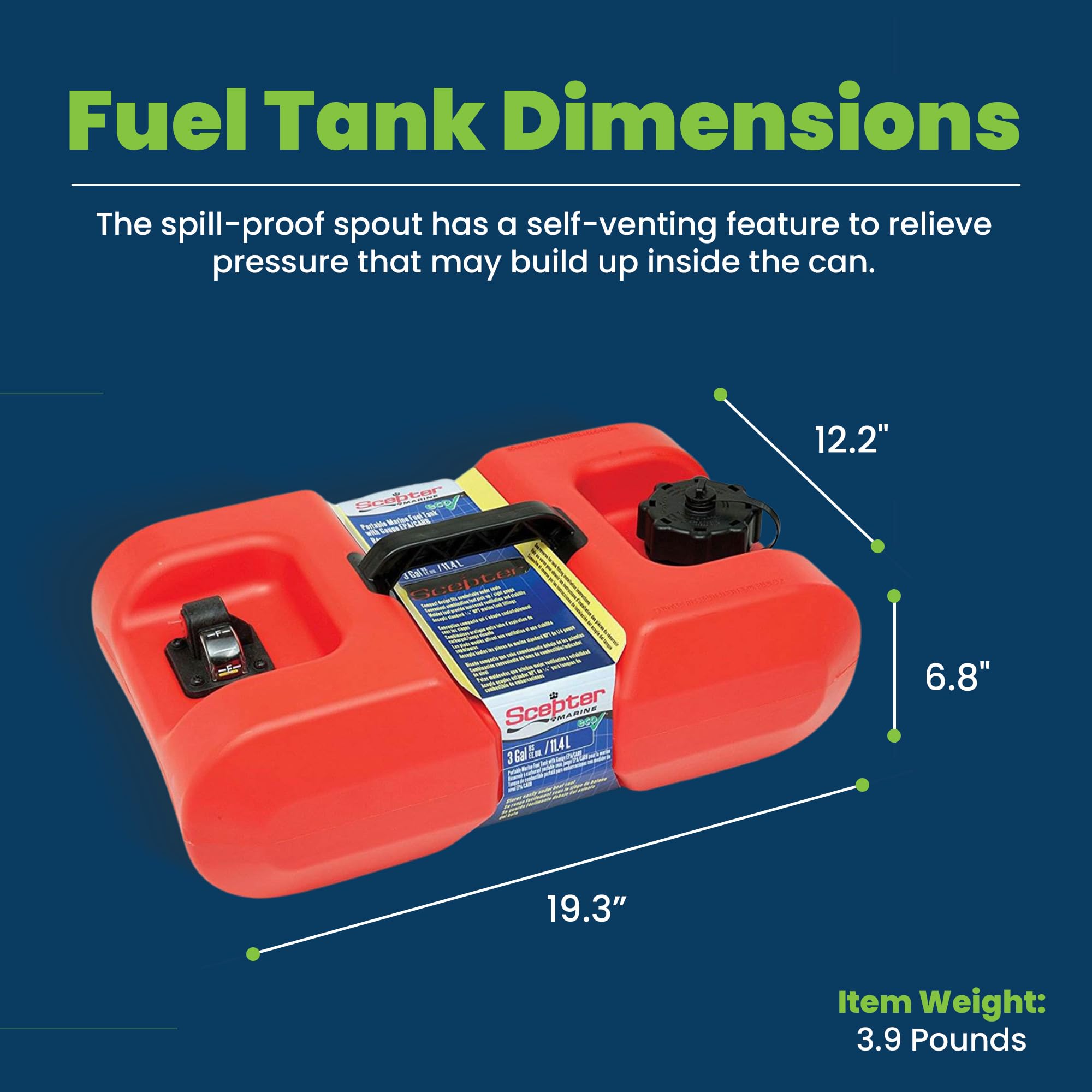 3 Gallon Scepter Portable Marine Gas Can, Boat Fuel Tank, 2-Way Vented Cap, Built-In Fuel Gauge and Pick-Up, Top Handle, EPA & CARB Compliant, Underseat Design, 19.3"L x 12.2"W x 6.8"H (10506)