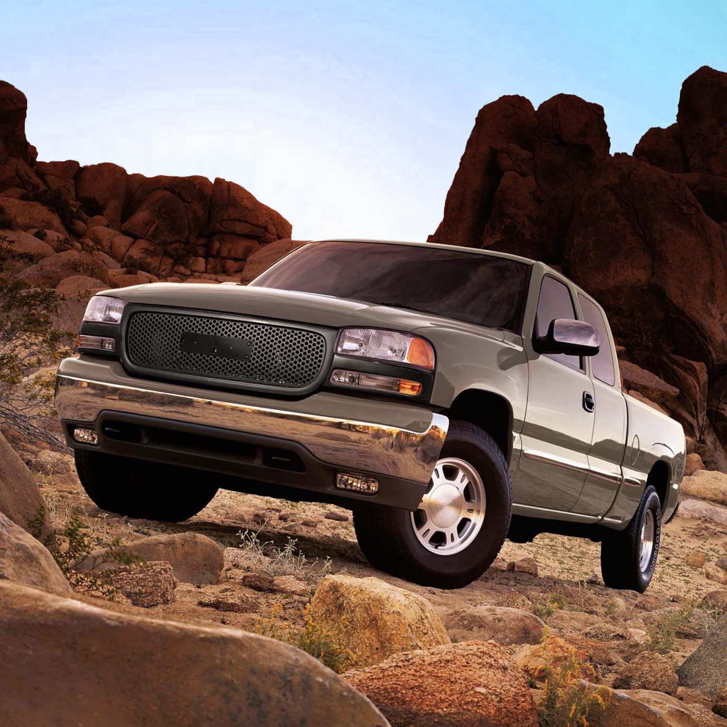 Spec-D Tuning Upper Hood Round Hole Mesh Grill Black Grille Compatible with 1999-2002 GMC Sierra, 2000-2006 GMC Yukon