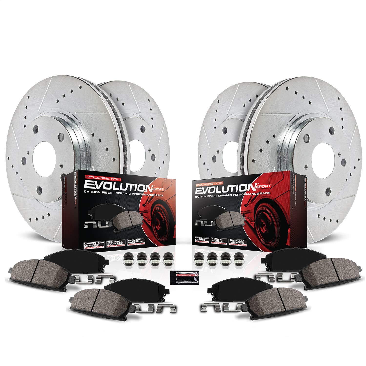 Power Stop K4083 Z23 Carbon Fiber Brake Pads with Front and Rear Drilled & Slotted Brake Rotors Kit