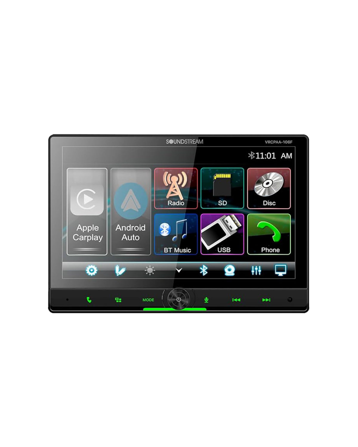 10.6" Soundstream Double Din Floating Touchscreen Car Stereo, VRCPAA-106F Apple CarPlay & Android Auto Head Unit, Bluetooth, AM/FM Radio Receiver, USB, SD, CD/DVD Player