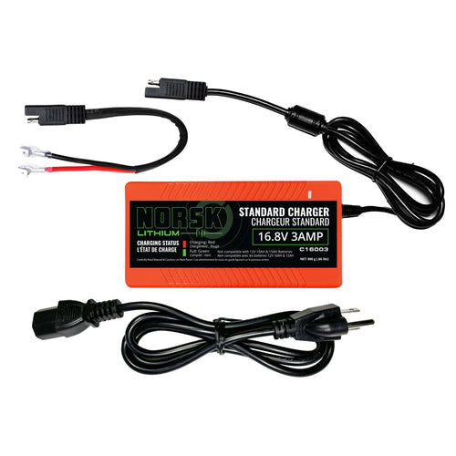 16.8V Norsk Lithium 3A LiFePO4 Battery Charger | Standard Charging Block with LED Indicator | Compatible with 14.8V 20AH, 30AH, and 50AH