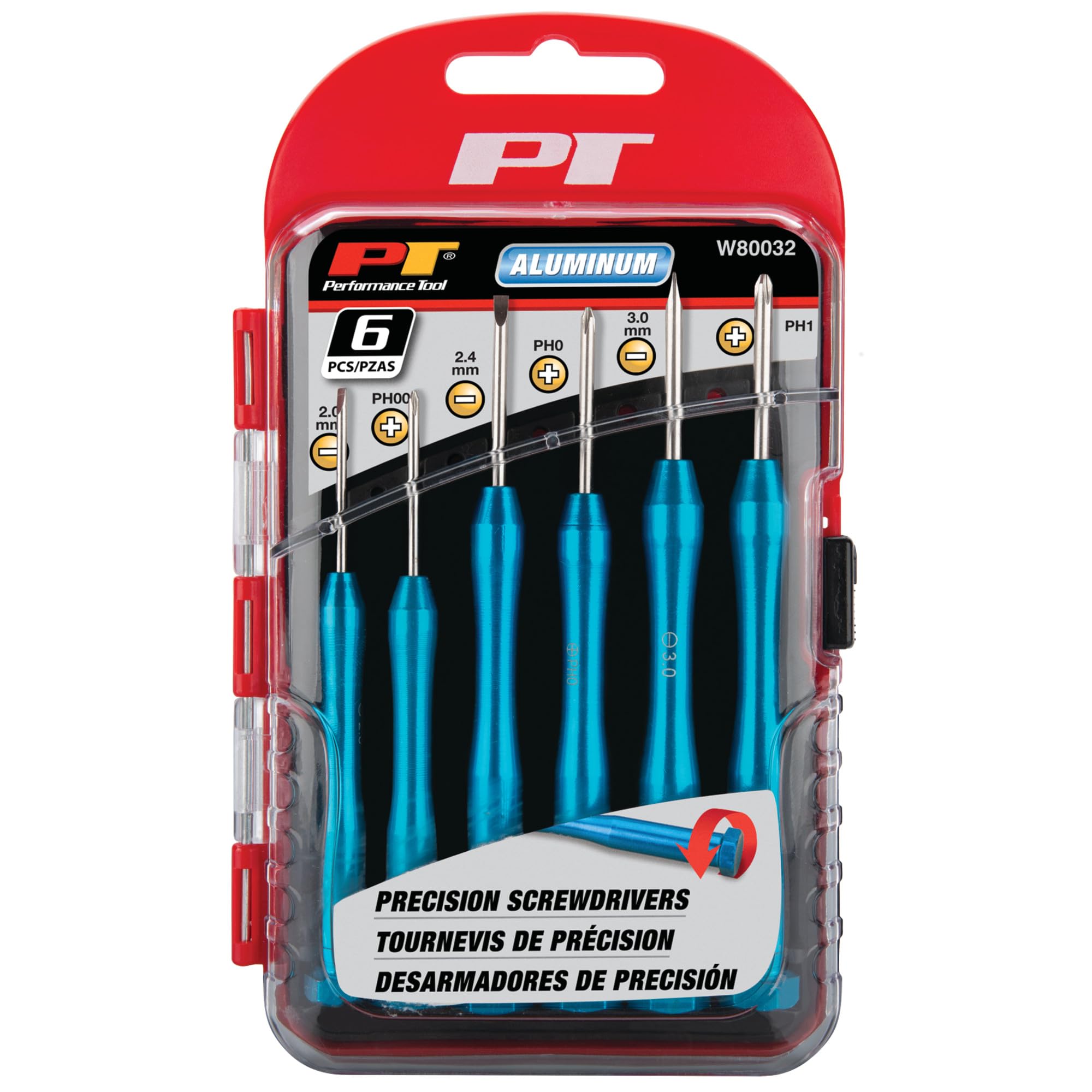 W80032 Performance Tool 6-Piece Aluminum Precision Screwdriver Set with Clear Case, 3 Slotted, 3 Phillips, Rotating Cap Aluminum Handles, Precision Ground Tips, Blue Anodized Aluminum Handles