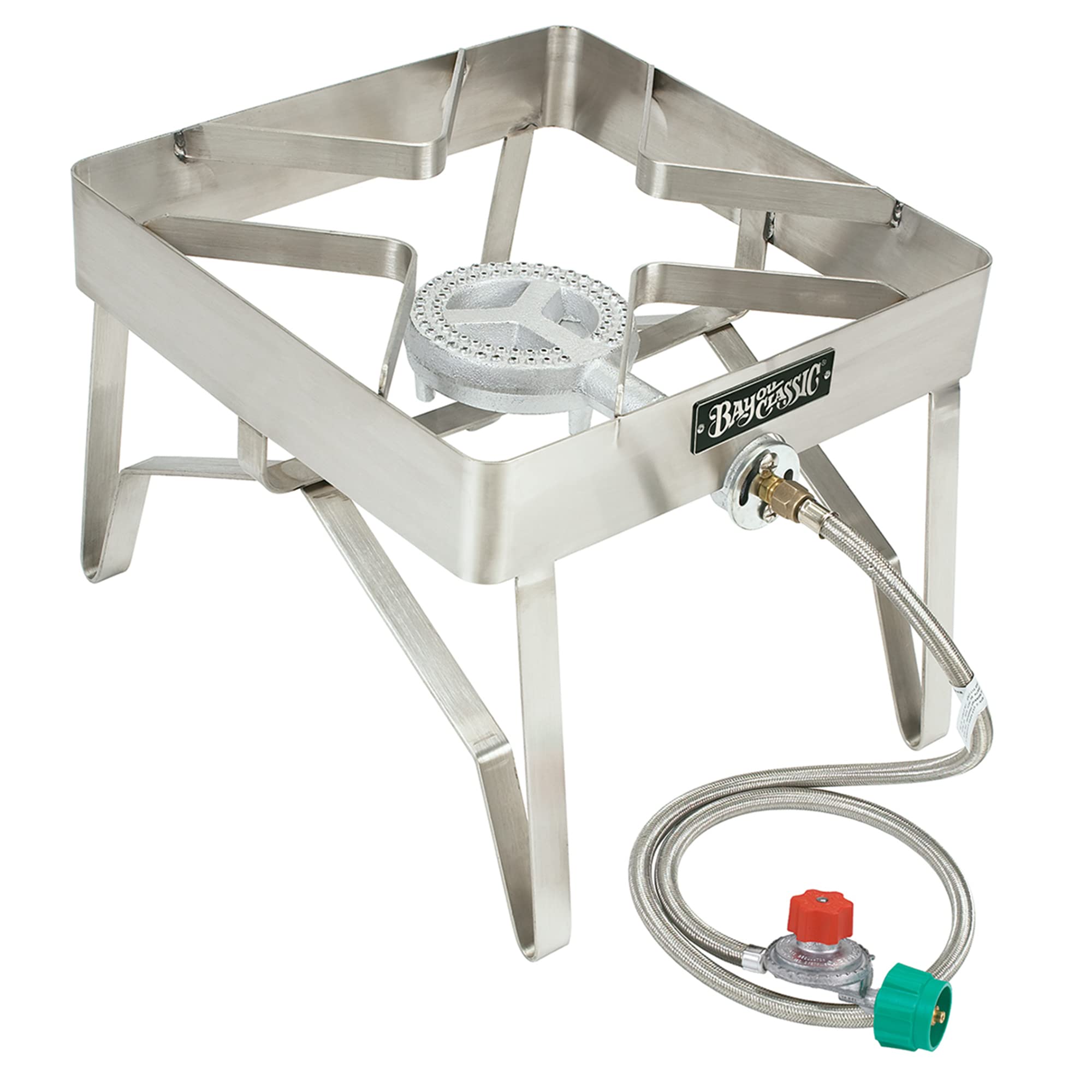 16-in Bayou Classic Stainless Steel Outdoor Patio Stove Perfect For Frying Steaming and Boiling Features a 6-in Cast Aluminum Burner 16-in Cooking Surface 5-psi Regulator w/ 36-in Stainless Hose