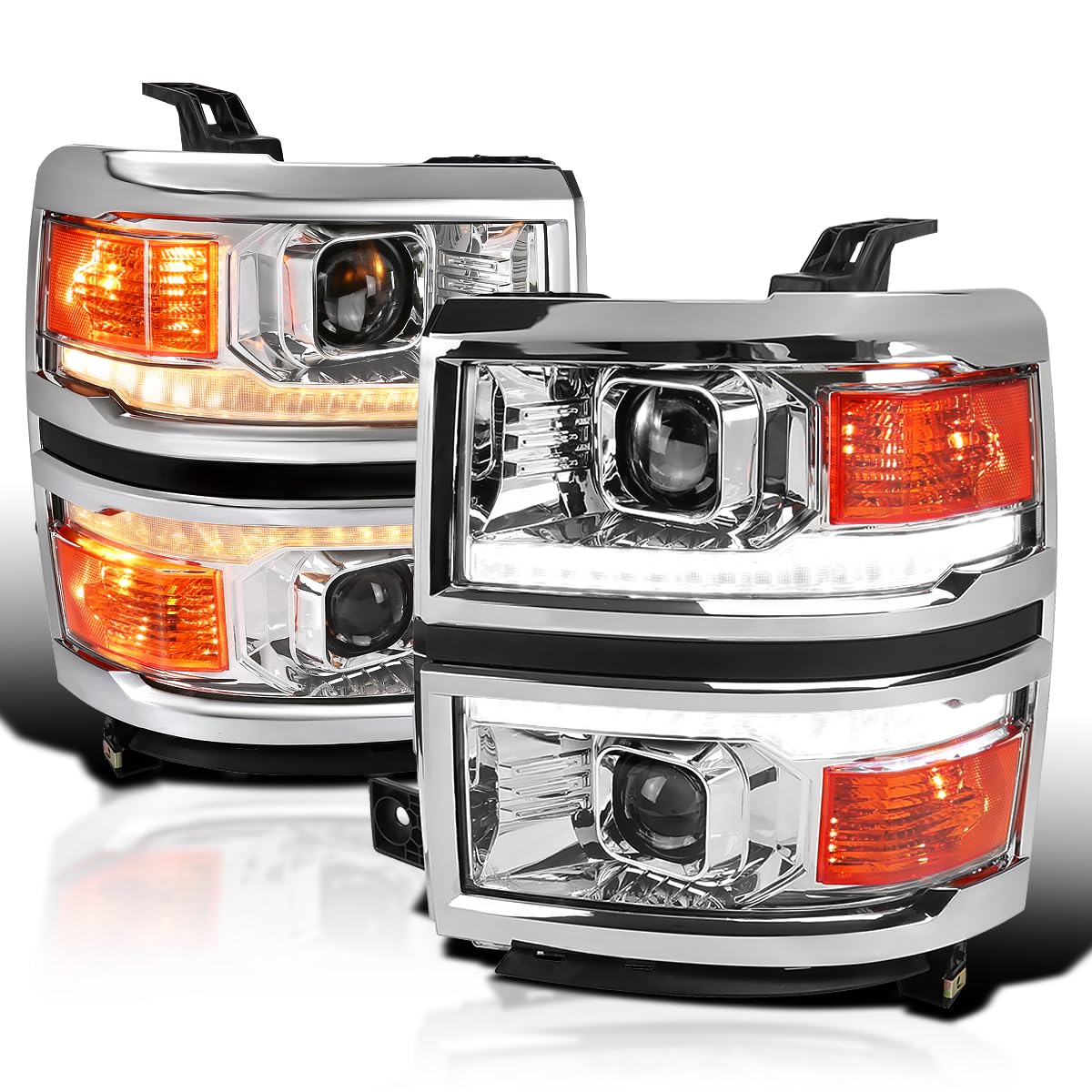 Chrome w/Silver Trim SPEC-D TUNING Projector Headlights w/Sequential Switchback LED Strip and Startup Animation Compatible with 2014-2015 Chevy Silverado 1500, Left + Right Pair Headlamps Assembly