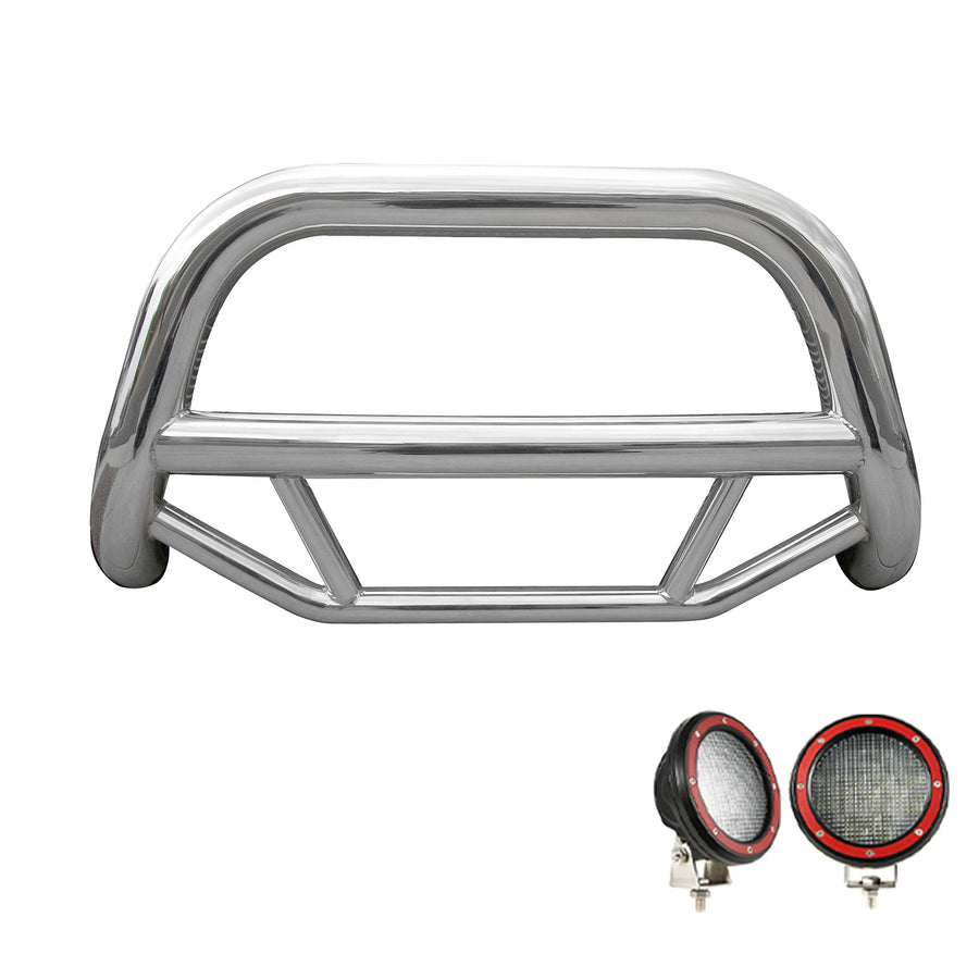 Max Bull Bar Black Horse No Skid Plate Stainless Steel Come with Pair of 5.3" LED Flood Lights with Red Trim Rings Compatible with 1999-2003-Infiniti QX4/1999-2004-Nissan Pathfinder-MBS-NIB4201-PLFR