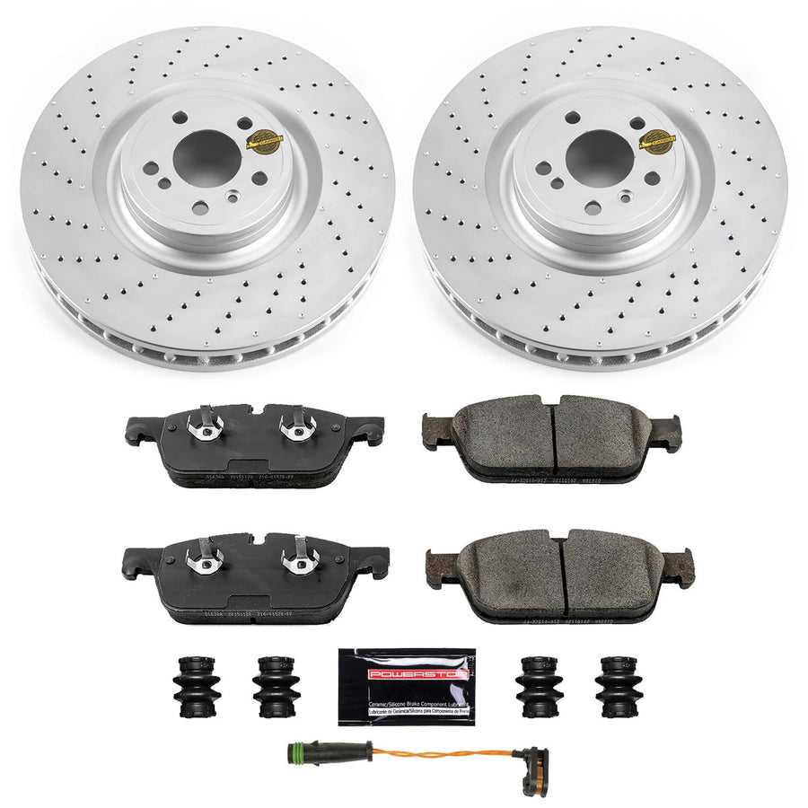 Power Stop CRK6901 Brake Rotor Coated and Ceramic Brake Pads- Front and 1 Front Sensor Wire For GL450, GL550, GLE43 AMG, GLE550e, GLS, ML550 [Model Specific]