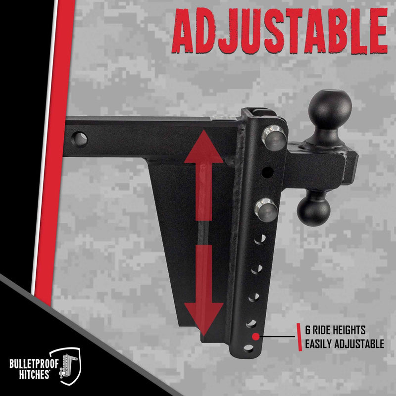 2.0" BulletProof Hitches Adjustable Extreme Duty Trailer Hitch (30,000 lb. Rating) - 10" Drop/Rise with 2" and 2 5/16" Dual Ball - Powder Coat, Solid Steel, Corrosion-Resistant