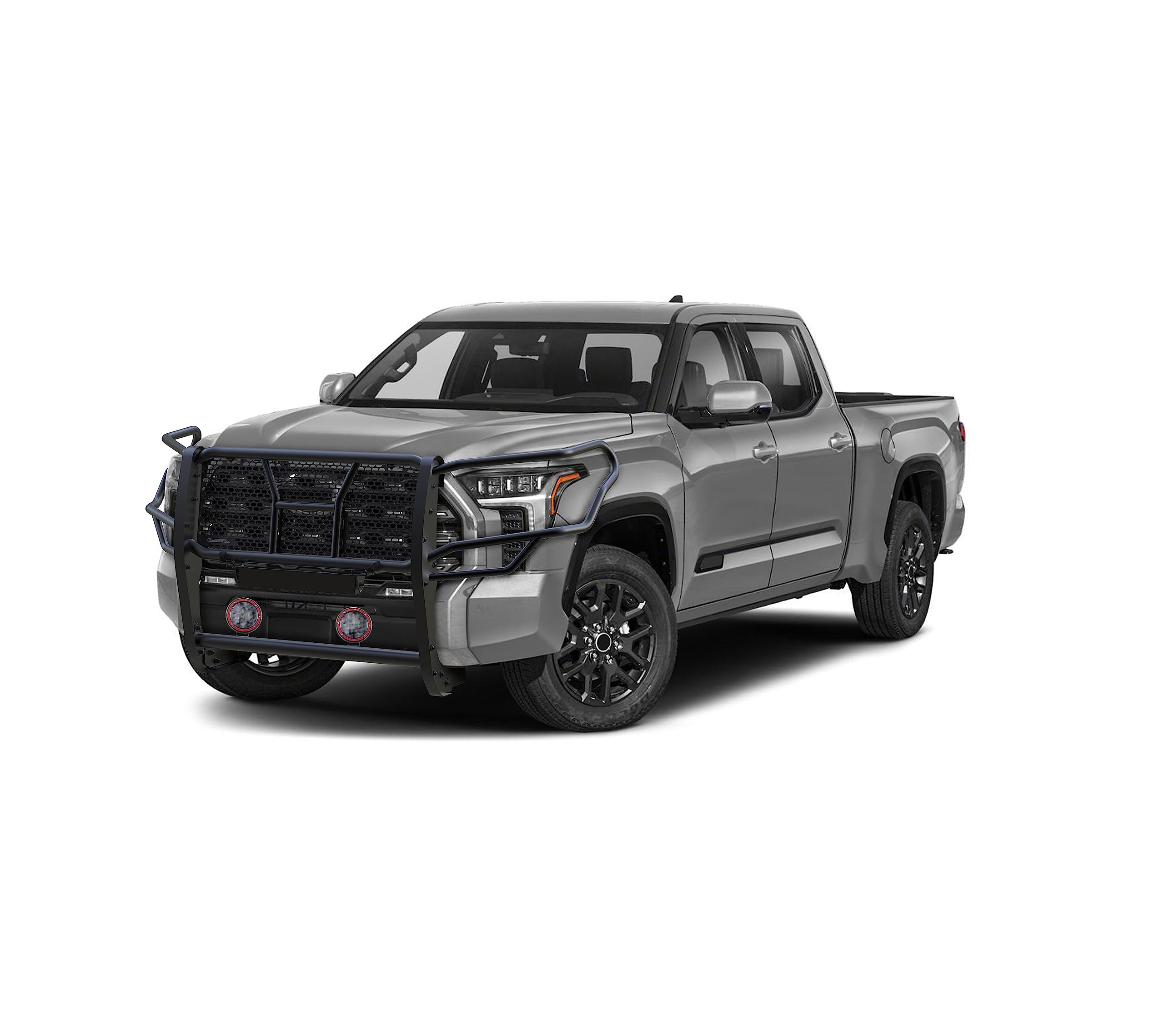 Heavy Duty Black Horse Rugged Grille Brush Bumper Guard Modular Come with Pair of 5.3" Dia.LED Lights with Red Trim Rings Compatible with 2022-2024 Toyota Tundra-RU-TOTU22-B-PLFR