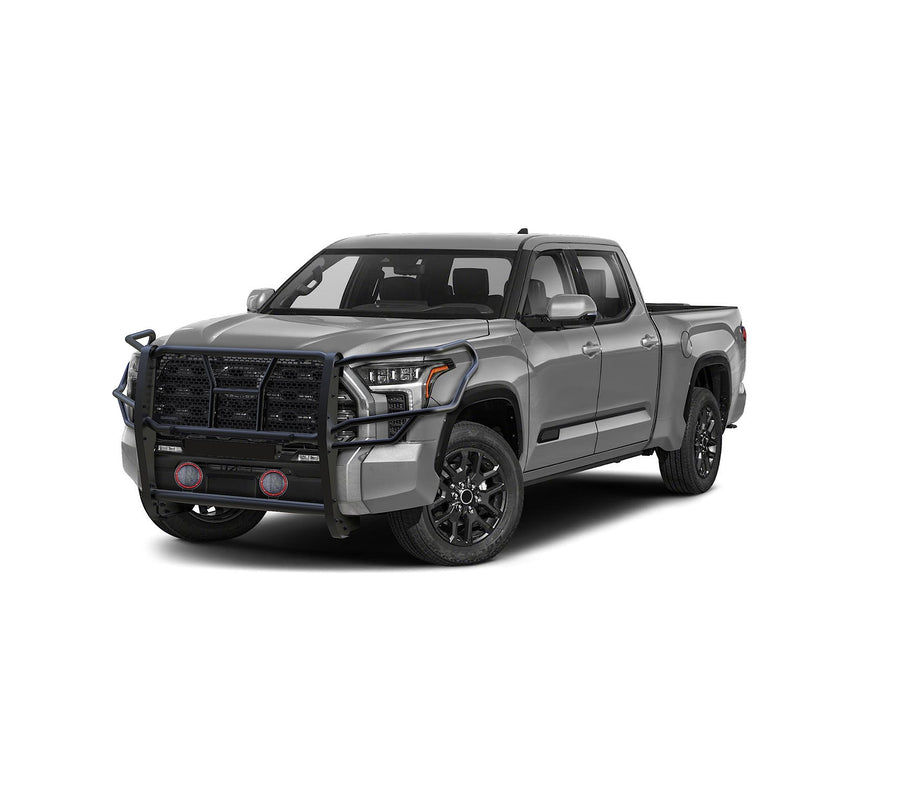 Heavy Duty Black Horse Rugged Grille Brush Bumper Guard Modular Come with Pair of 5.3" Dia.LED Lights with Red Trim Rings Compatible with 2022-2024 Toyota Tundra-RU-TOTU22-B-PLFR
