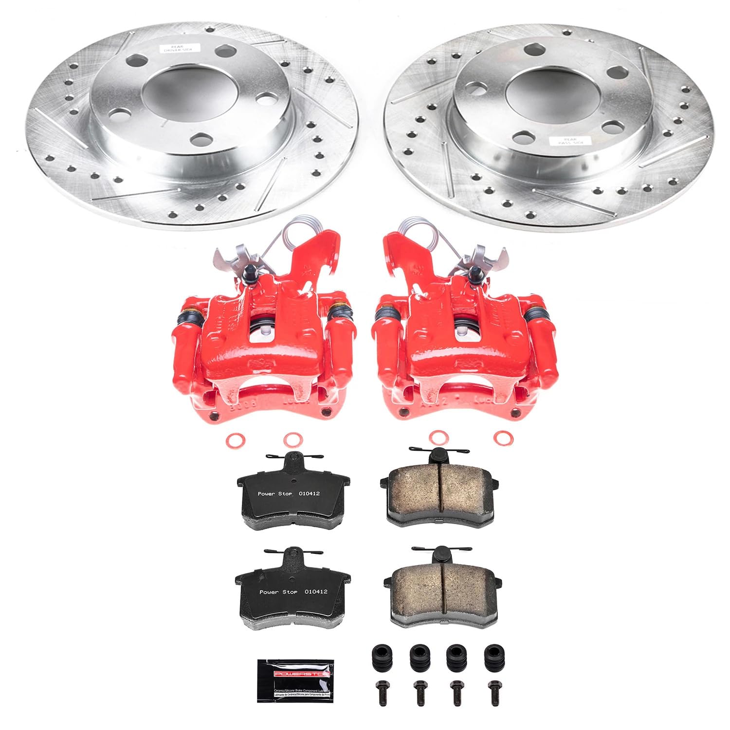 Power Stop Z23 KC584 Daily Driver Rear Caliper Kit-Drilled/Slotted Brake Rotors & Carbon-Fiber Ceramic Brake Pads For Audi A4 Quattro 1996-2001 [Model Specific]