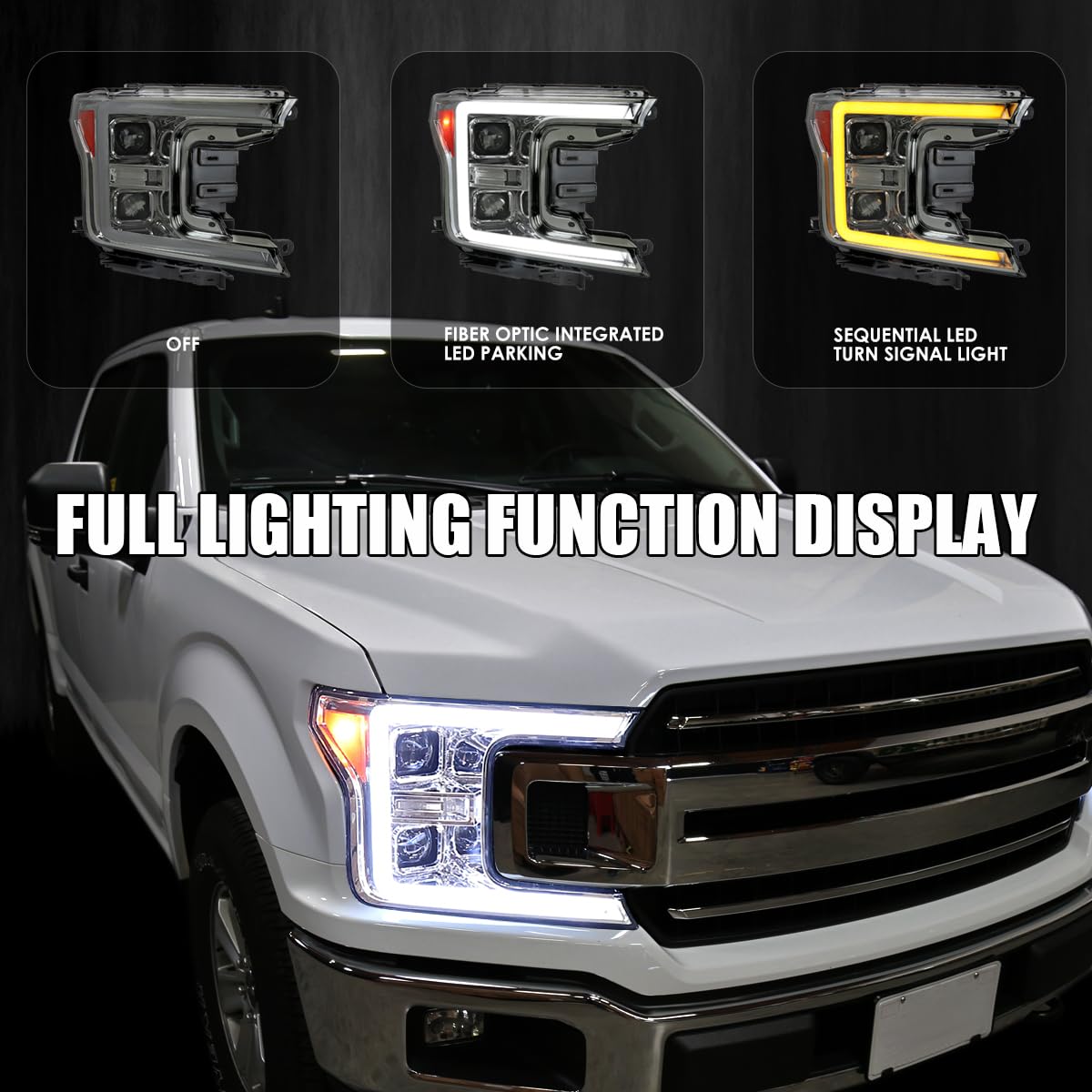 Smoke Sequential Switchback Projector Headlights w/LED Light Bar SPEC-D TUNING Compatible with 2018-2020 Ford F-150, Left + Right Pair Headlamps Assembly