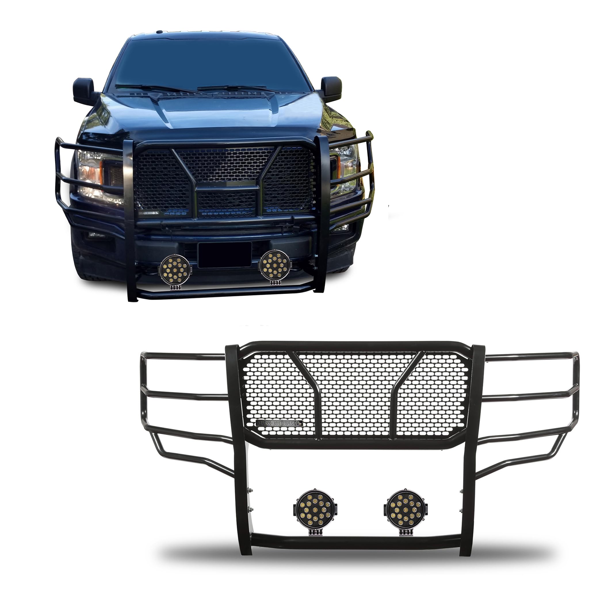 Heavy Duty Black Horse RUGGED Grille Brush Bumper Guard Modular Black Come With pair of 7.0"Dia.LED Lights with Black Trim Rings Compatible with 2015-2020 Ford F-150-RU-FOF115-B-PLB