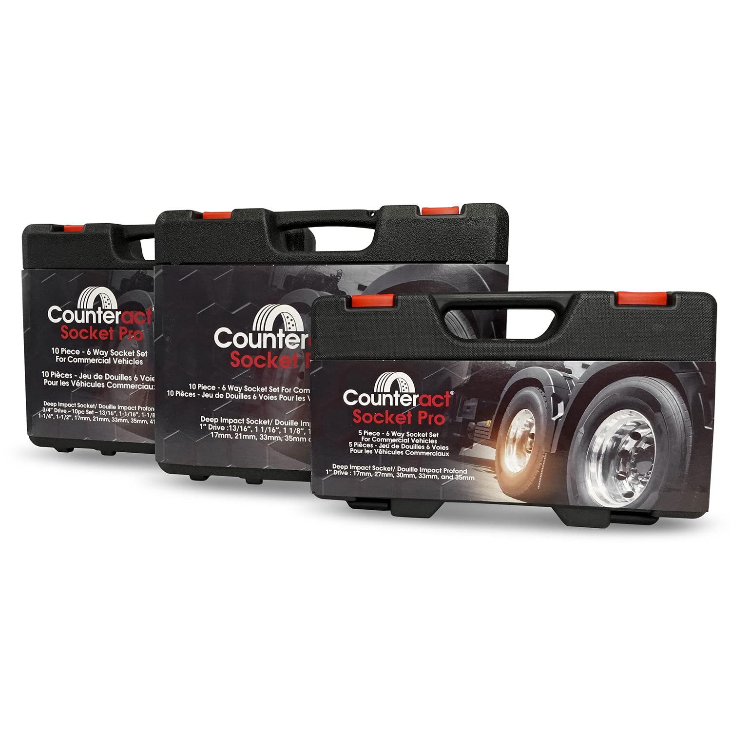 6 Way Socket Pro – Counteract 10pc Set - 13/16", 1-1/16", 1-1/8", 1-1/4", 1-1/2", 17mm, 21mm, 33mm, 35mm, 41mm - 3/4" Drive