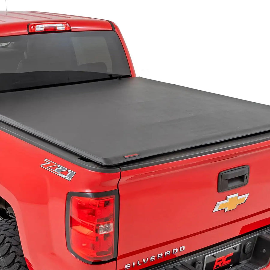 Soft Roll-Up Bed Cover Rough Country for Chevy Silverado & GMC Sierra 1500/2500HD/3500HD (2014–2019 & Classic) - Fits 6'7 Bed, Low-Profile Vinyl Tonneau Cover