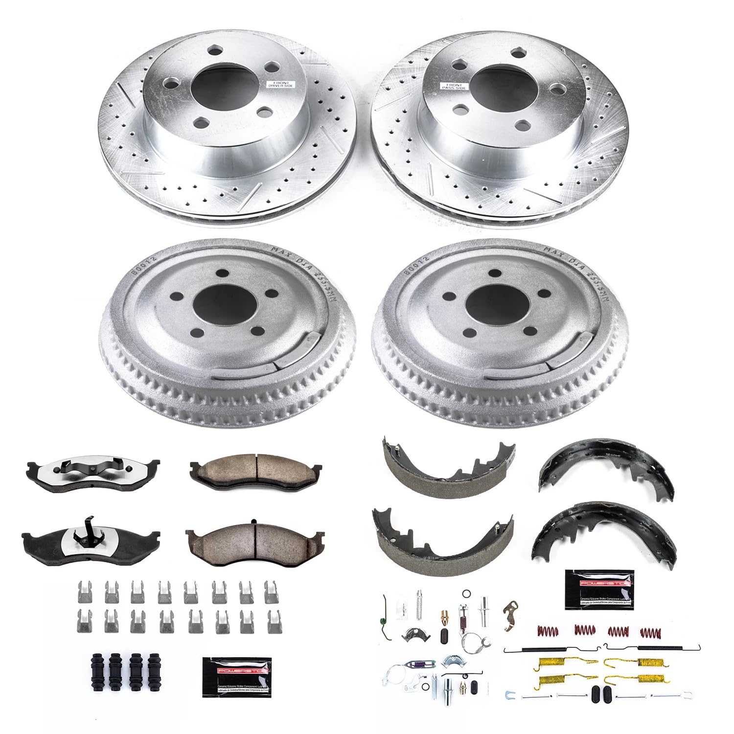 Power Stop Brake Kit Front and Rear For 1999 2000 2001 Jeep Cherokee - Truck & Tow Carbon Fiber Ceramic Pads, Drums, & Drilled and Slotted Rotors Replacement, K15134DK-36