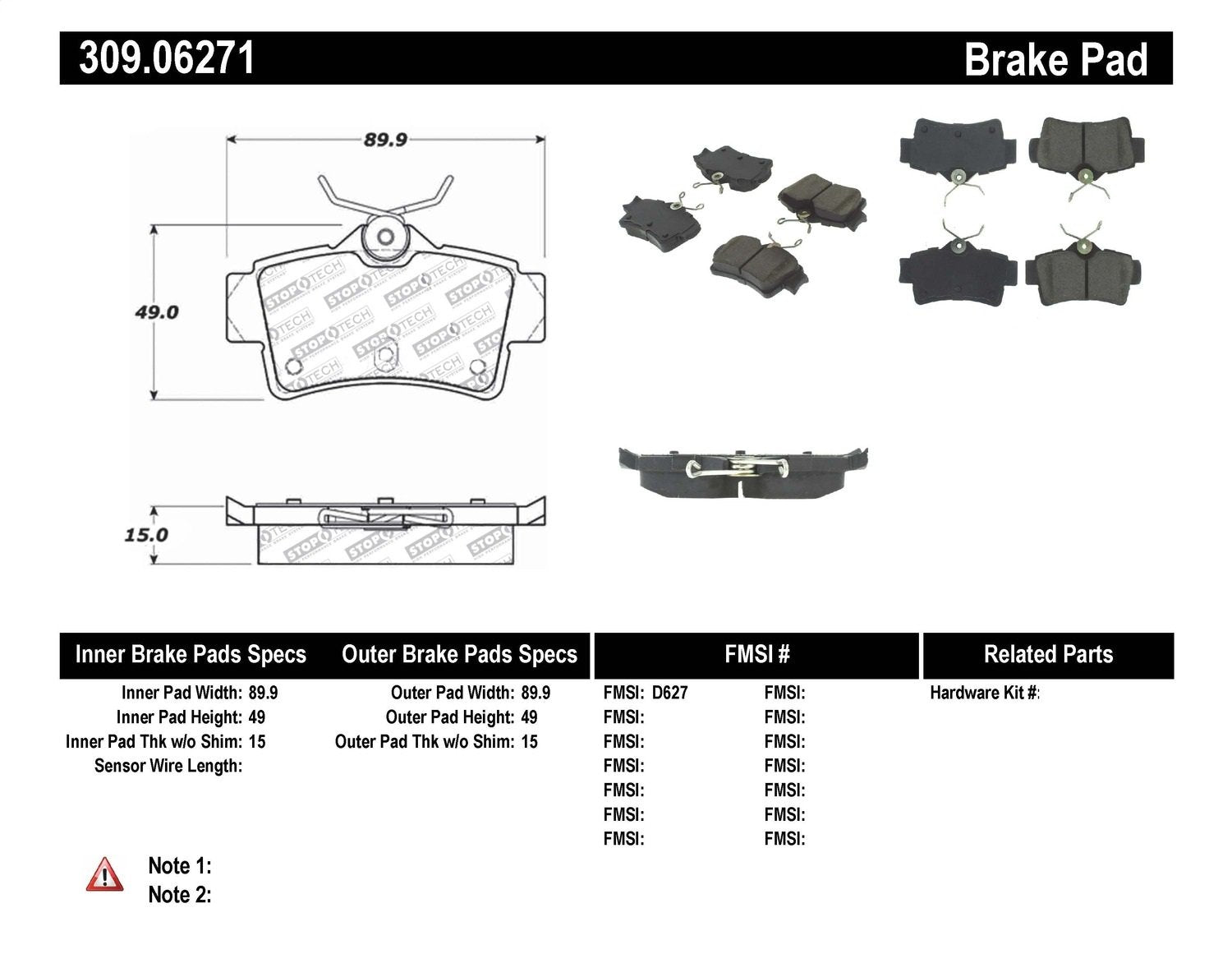 Sport Brake Pads StopTech 309.06271 with Shims and Hardware