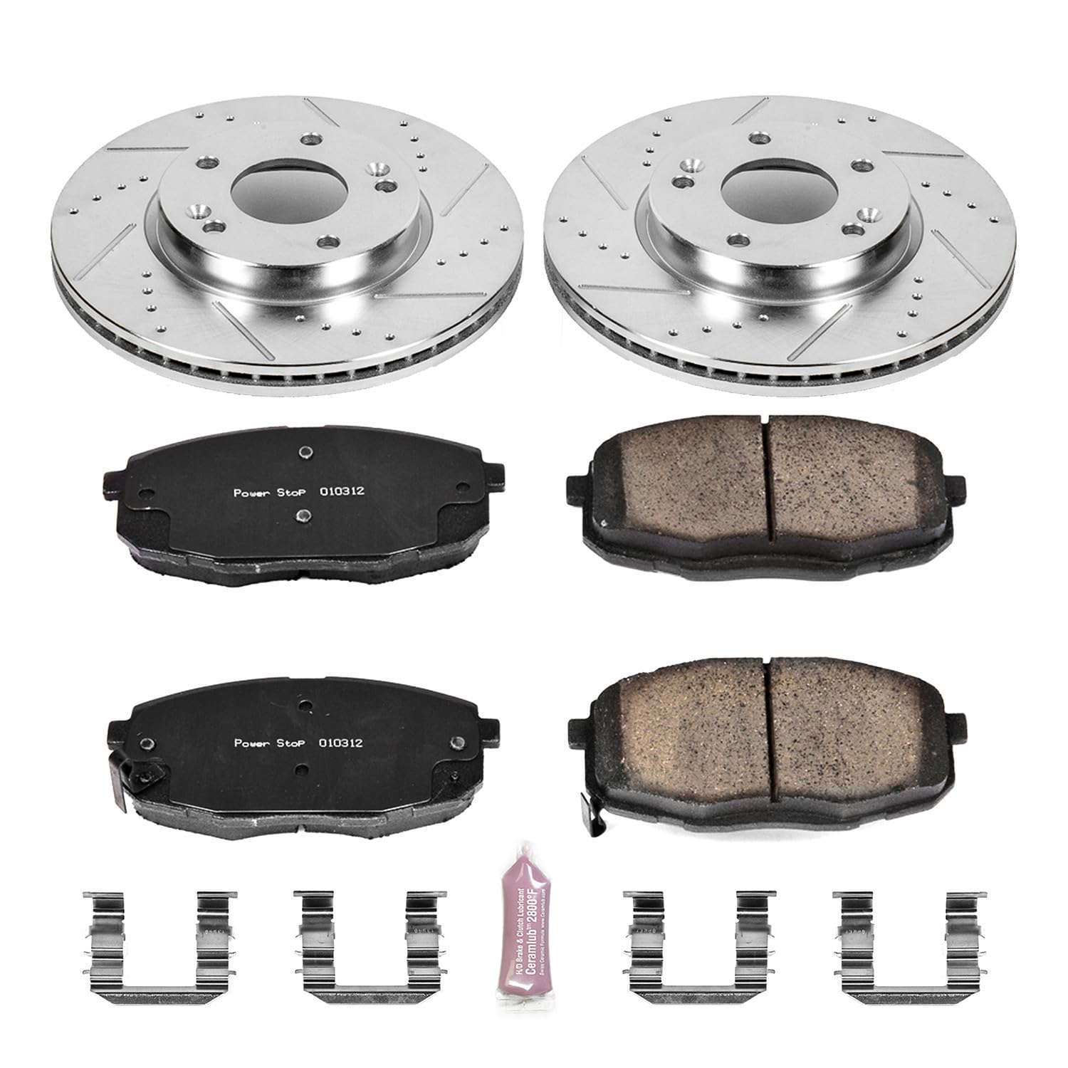 Power Stop K6946 Z23 Carbon Fiber Brake Pads Front with Drilled & Slotted Brake Rotors Kit For Kia Soul 2014-2016 [Model Specific]