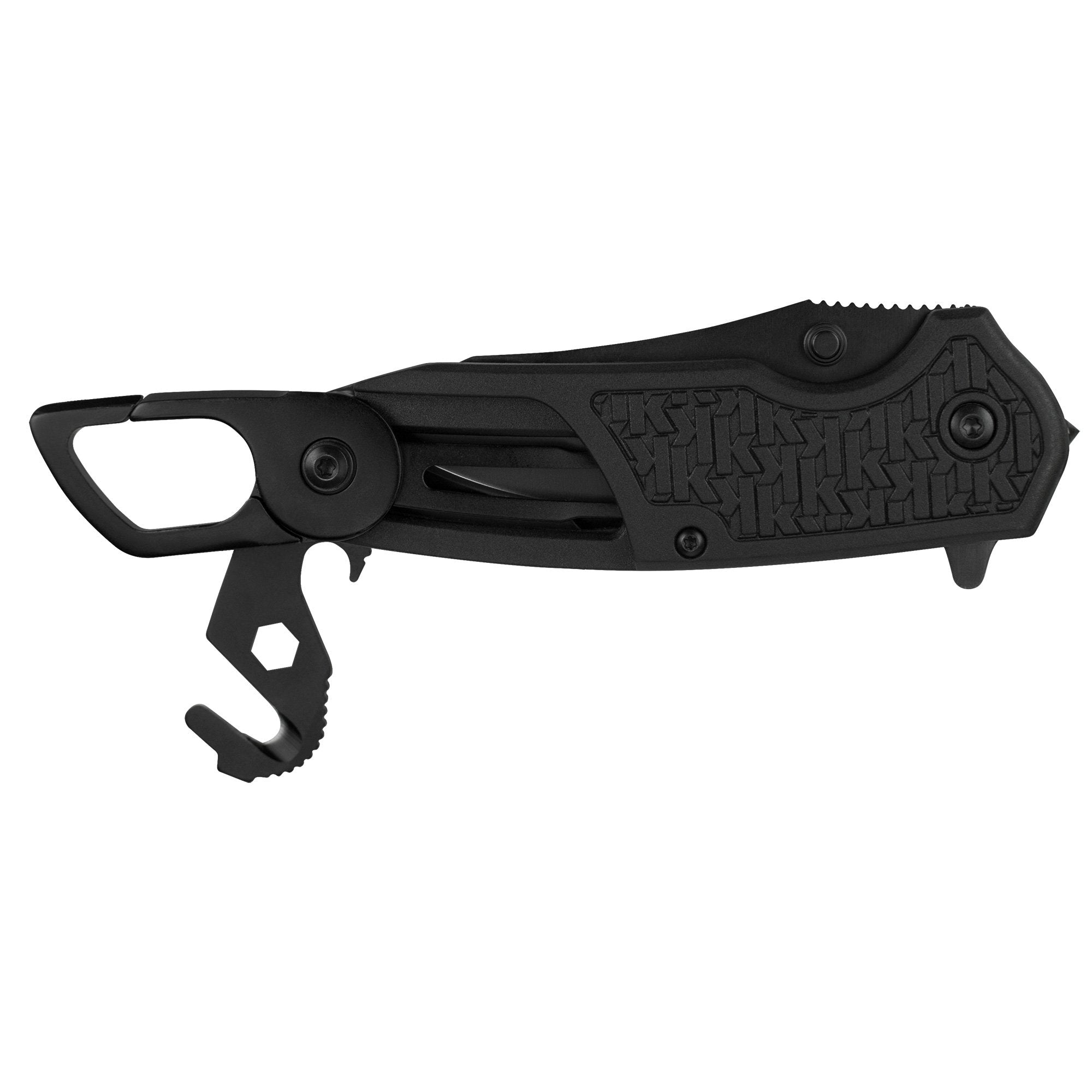 Funxion EMT Kershaw (8100); Multifunction Folding Pocketknife; 3 inch Partially Serrated Stainless Steel Blade; Carabiner Clip, Cord Cutter, Screwdriver Tip, Hex Wrench, Glassbreaker Tip , Black