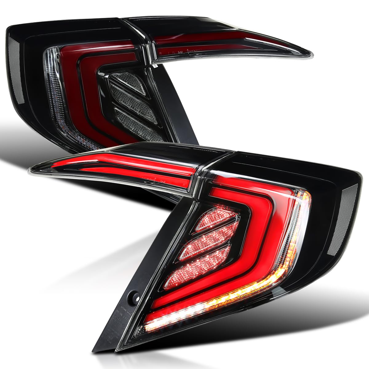 Glossy Black Smoke SPEC-D TUNING Tail Lights w/Red LED Bars, Sequential LED Turn Signal, and Startup Animation Compatible with 2016-2021 Honda Civic 4-Door Sedan, Left + Right Pair Assembly