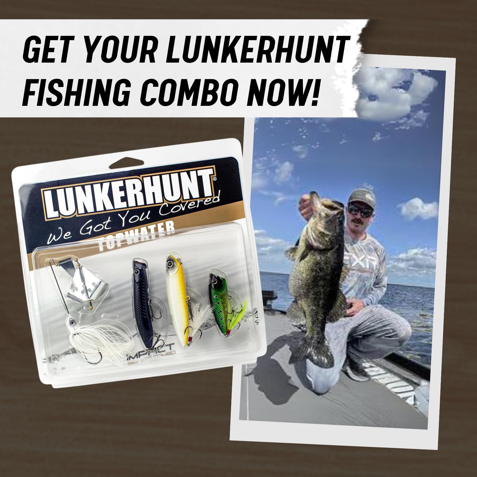 Top Water Fishing Lures Kit LUNKERHUNT | (4-Pack | Impact Series Fishing Baits for Bass, Trout, Pike Includes: Spinnerbait, Hard Bait, Popper