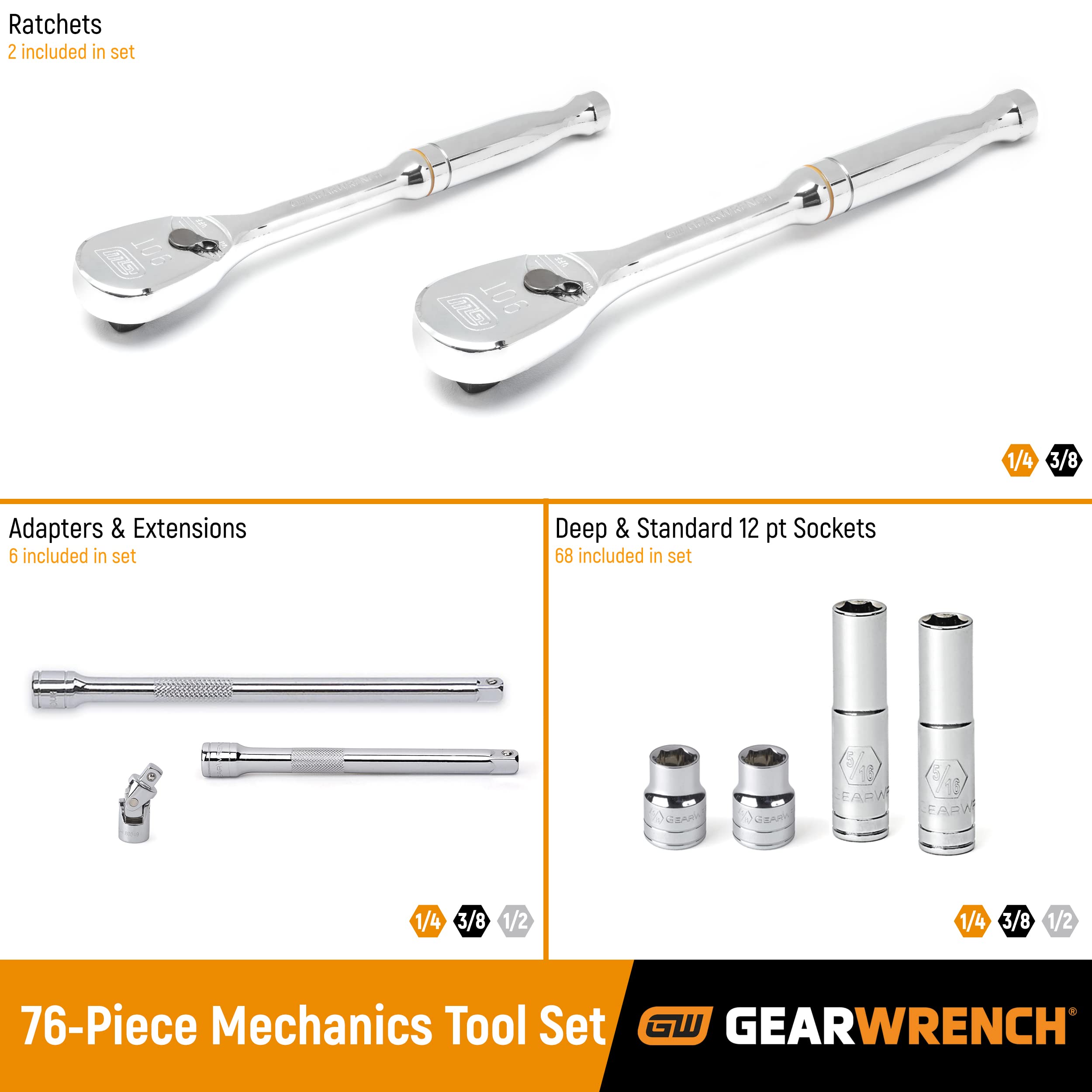 1/4" & 3/8" Drive GEARWRENCH 76 Pc. Standard & Deep Mechanics Tool Set, SAE/Metric - 80948