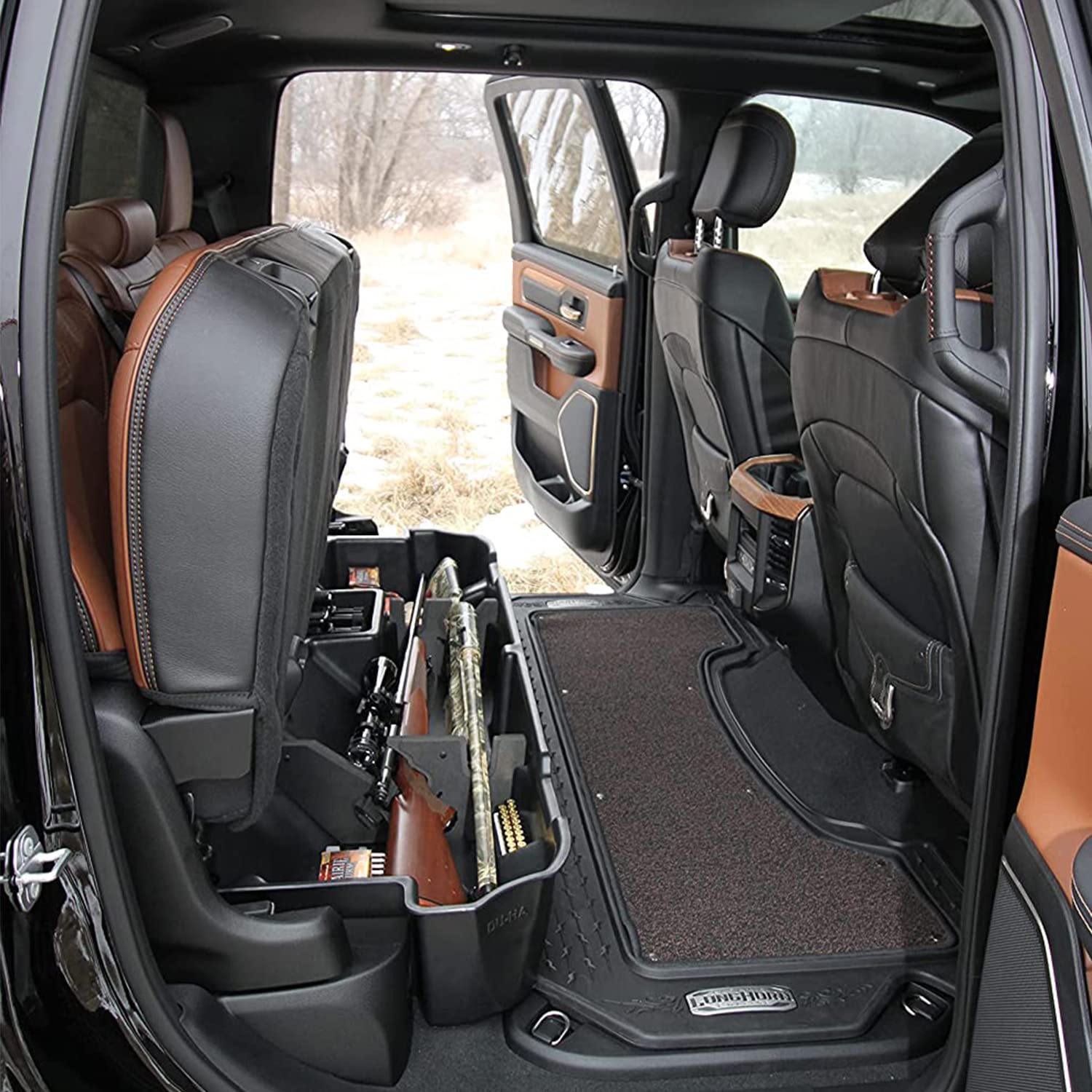 Du Ha Under Seat Storage | Tan Heavy-Duty Back Seat Organizer fits 2019-2026 Ram 1500 Crew Cab New Body Style, Includes 2-Piece Dividers | 30101