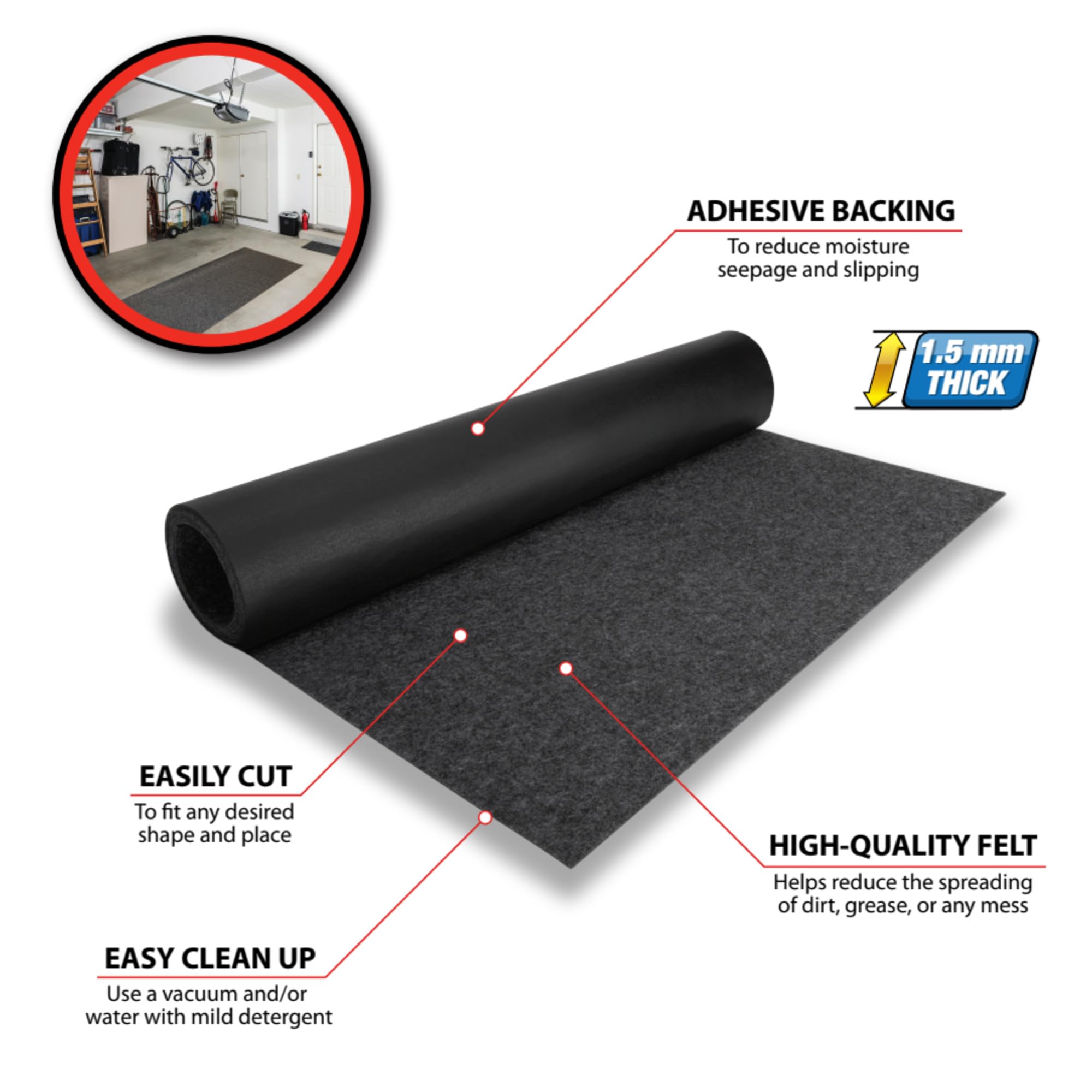 W88801 Performance Tool 9 by 2.4 Feet Premium Absorbent Garage Floor Mat for Under Car, Protects Garage Floor from Spills, Drips, Splashes and Stains. Durable, Reusable, Waterproof Rubber Parking Mats