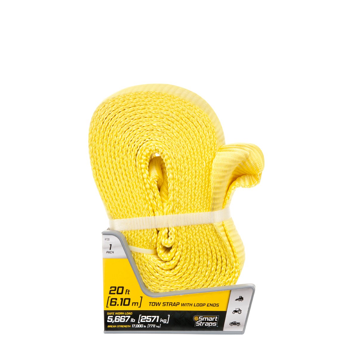 20’ SmartStraps Tow Strap with Loop Ends, Yellow– 17,000lb Break Strength, 5,660lb Safe Work Load – Recover Stuck Vehicles and Small Machinery - Ideal for Home, Auto, Commercial and Recreational Use