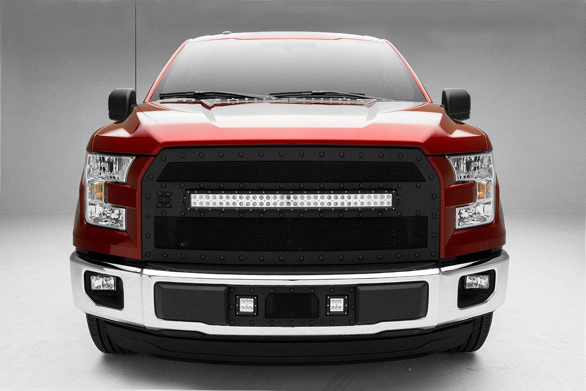 2015-2017 F-150 T-Rex Grilles Stealth Torch Bumper Grille, Black, 1 Pc, Insert, Black Studs with (2) 3" LED Cube Lights - PN #6325731-BR