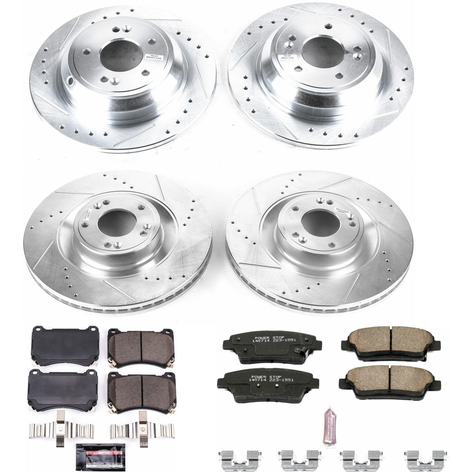 Power Stop K5929 Z23 Carbon Fiber Brake Pads Front and Rear with Drilled & Slotted Brake Rotors Kit For Hyundai Genesis 2012-2014 [Model Specific]