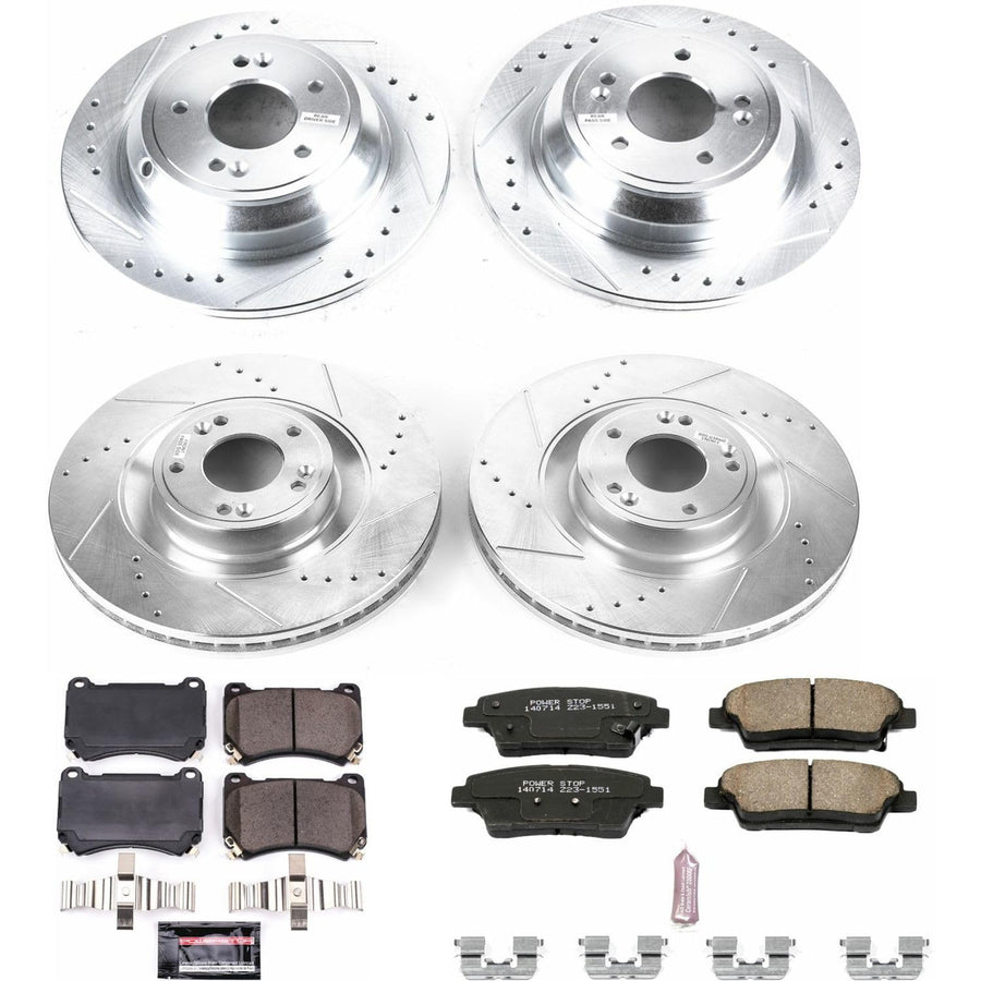 Power Stop K5929 Z23 Carbon Fiber Brake Pads Front and Rear with Drilled & Slotted Brake Rotors Kit For Hyundai Genesis 2012-2014 [Model Specific]