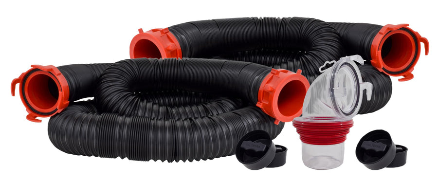 Dominator Valterra 20-Foot RV Sewer Hose Kit, Sewer Hose for Camper RV, Includes 2 Attachable 10-Foot Hoses with Rotating Fittings, 90 Degree Clearview Sewer Adapter, and 4 Drip Caps