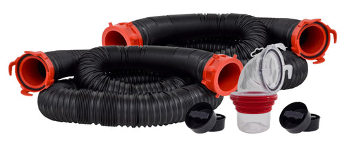 Dominator Valterra 20-Foot RV Sewer Hose Kit, Sewer Hose for Camper RV, Includes 2 Attachable 10-Foot Hoses with Rotating Fittings, 90 Degree Clearview Sewer Adapter, and 4 Drip Caps