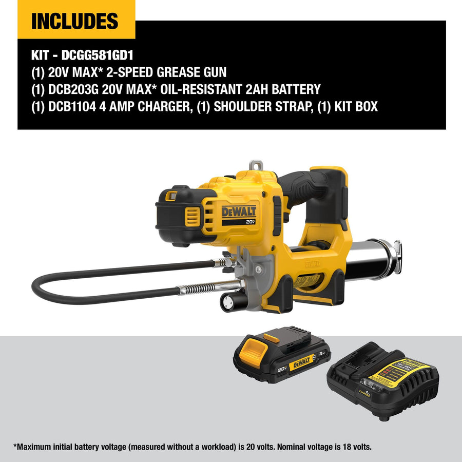 20V MAX DEWALT Grease Gun, 10,000 PSI Variable 2-Speed Cordless Grease Gun, Oil Resistant Battery and Charger Included, 47 Inch Hose, LED Light and Kit Box (DCGG581GD1)