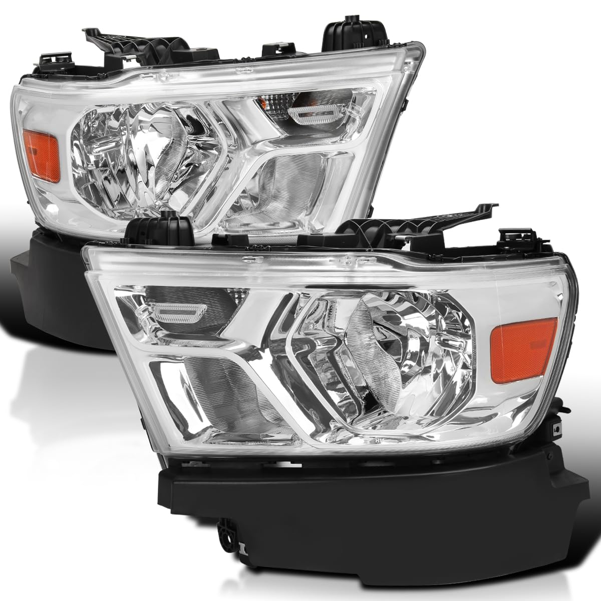 Replacement SPEC-D TUNING Chrome Headlights Compatible with 2019-2024 Ram 1500, Left + Right Pair Headlamp Assembly