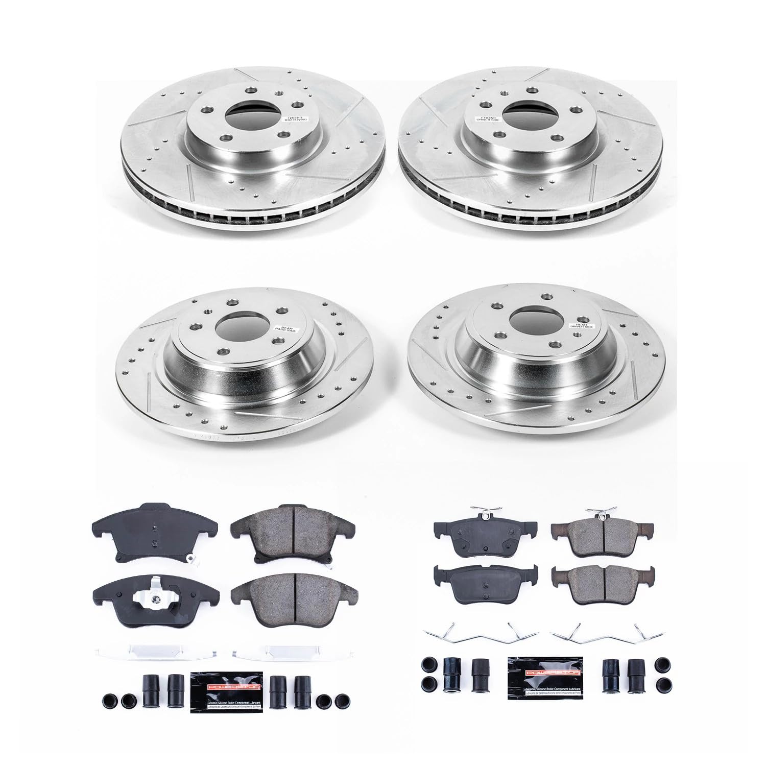 Power Stop K6556 Z23 Carbon Fiber Brake Pads Front and Rear with Drilled and Slotted Brake Rotors Kit For 2013 2014 2015 2016 Ford Fusion Lincoln MKZ