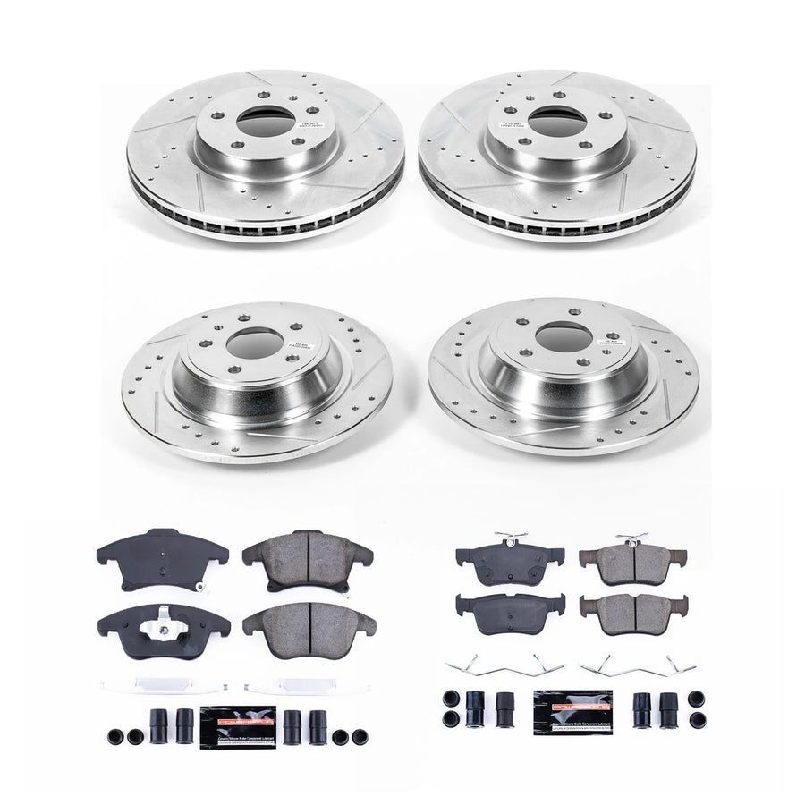 Power Stop K6556 Z23 Carbon Fiber Brake Pads Front and Rear with Drilled and Slotted Brake Rotors Kit For 2013 2014 2015 2016 Ford Fusion Lincoln MKZ