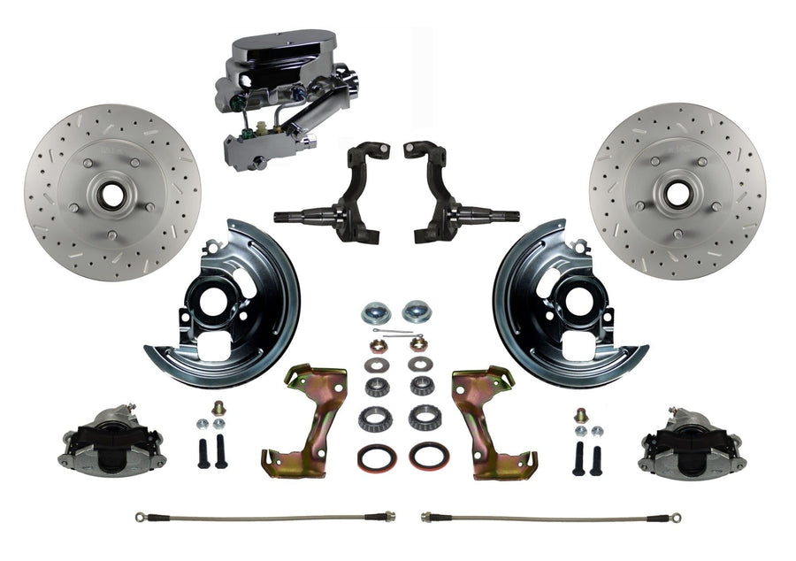 BRAKES LEED Manual Front Disc Brake Conversion Kit Cross Drilled And Slotted With Chrome Aluminum Flat Top M/C Disc/Drum Side Mount