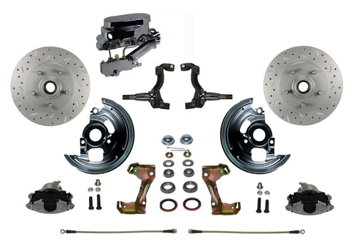 BRAKES LEED Manual Front Disc Brake Conversion Kit Cross Drilled And Slotted With Chrome Aluminum Flat Top M/C Disc/Drum Side Mount