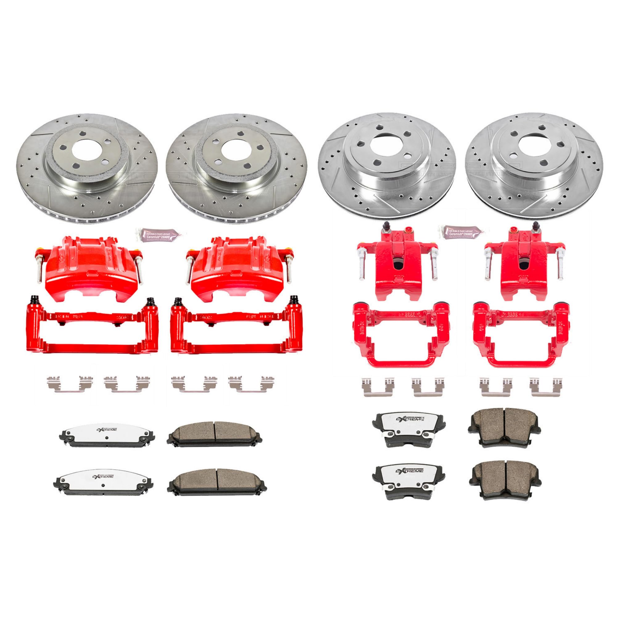 Power Stop Z26 Street Warrior Brake Pad and Rotor Kit KC2853A-26 with Red Powder Coated Calipers For 2012-2020 Chrysler 300 Dodge Charger Challenger [Application Specific]