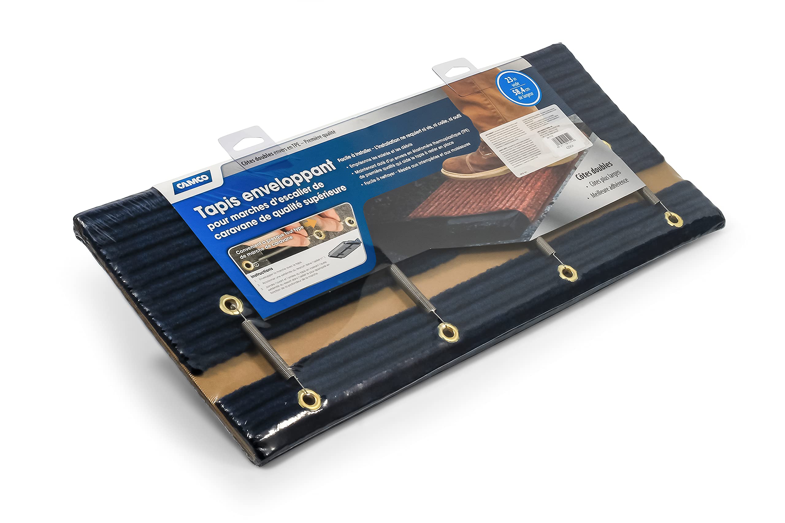 Camco Double Ribbed Wrap Around Step Rug | Easy Install | Easy to Clean | Blue (42954)
