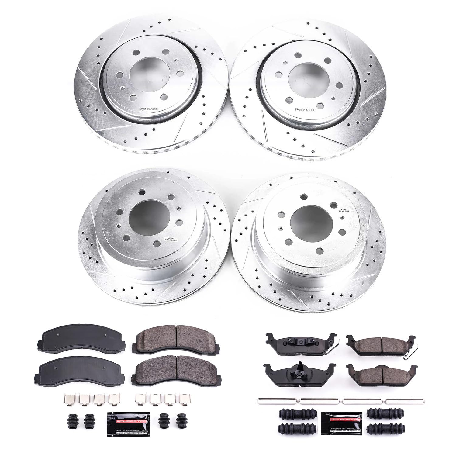 Power Stop K3166 Z23 Carbon Fiber Brake Pads Front and Rear with Drilled and Slotted Brake Rotors Kit For 2010 2011 Ford F150 6Lug