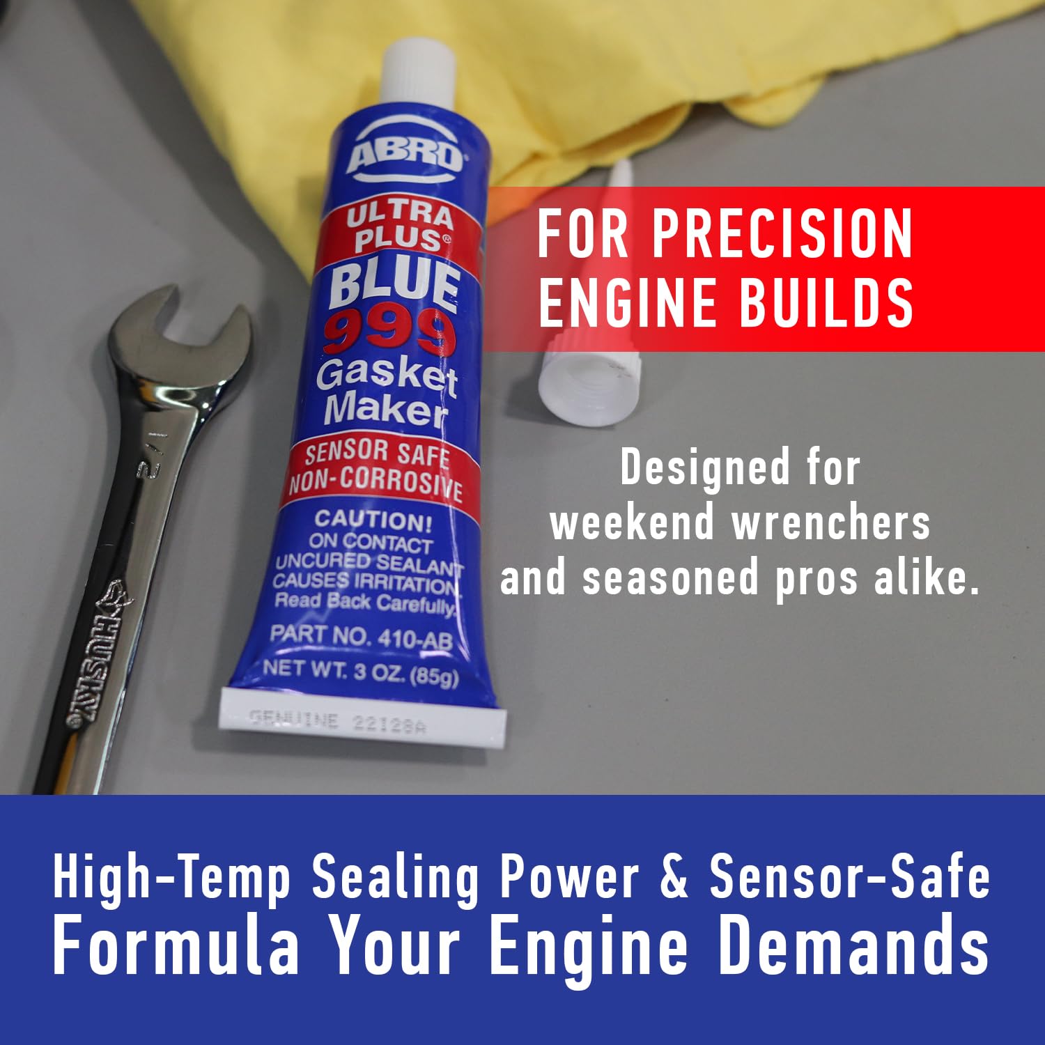 Ultra Plus ABRO 999 RTV Silicone Sealant and Gasket Maker, for Import Engines, Sensor Safe, Non-Corrosive, High Temp Head Gasket Sealer, 650 Degrees F, 3 oz. Tube - Blue