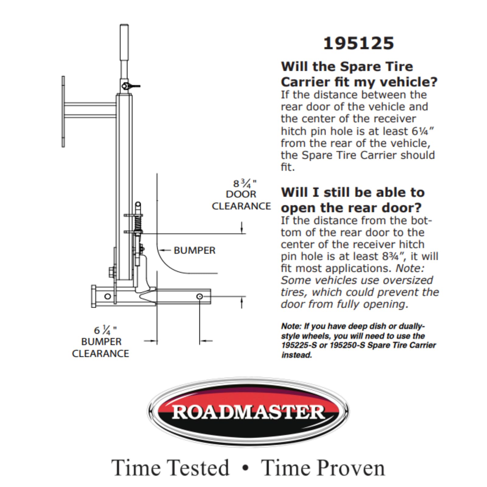 Roadmaster Spare Tire Carrier 195125 with 2" Drop fits Truck/Van/SUV 2" Receiver | Fits Wheels with a Lug Nut Bolt Circle Up to 8" | 6,000 lbs Maximum Capacity