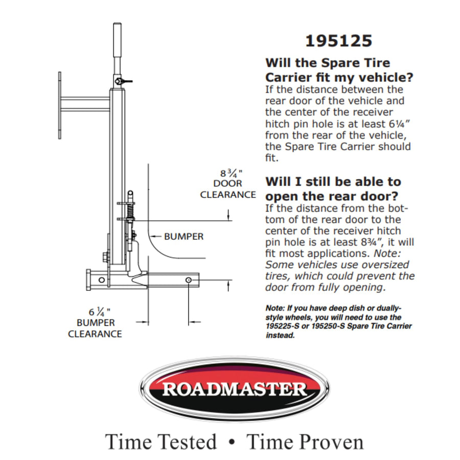 Roadmaster Spare Tire Carrier 195125 with 2" Drop fits Truck/Van/SUV 2" Receiver | Fits Wheels with a Lug Nut Bolt Circle Up to 8" | 6,000 lbs Maximum Capacity