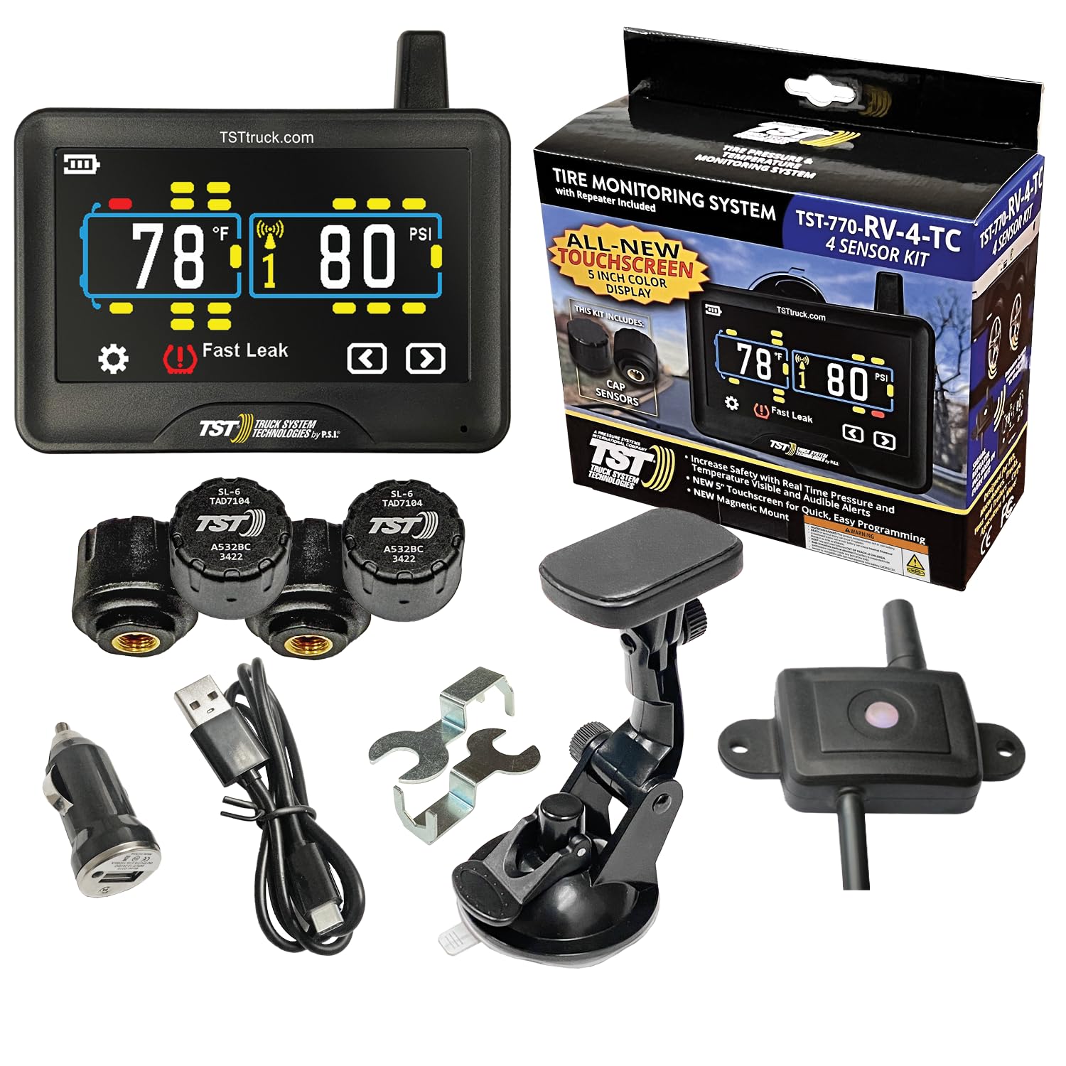 TPMS TST 770 Series - RV Tire Pressure Monitoring System with 4 Cap Sensors & 5" Color Touchscreen Monitor for Travel Trailers, Campers and Motorhomes